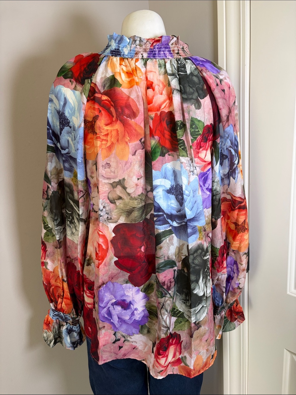 Alice and Olivia Norah Ruffle Peasant Top Cotton Silk Red Blue Floral Sz S - Picture 7 of 13